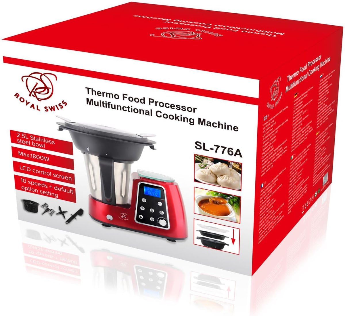 Royal Swiss Robot de Cocina Multifunción 1800W - Mezclador, Cocina, Amasadora, Pantalla LCD, Cuenco Inox 2,5L, 10 Velocidades, 5 Programas Preestablecidos, 10 Velocidades, Seguridad Térmica y