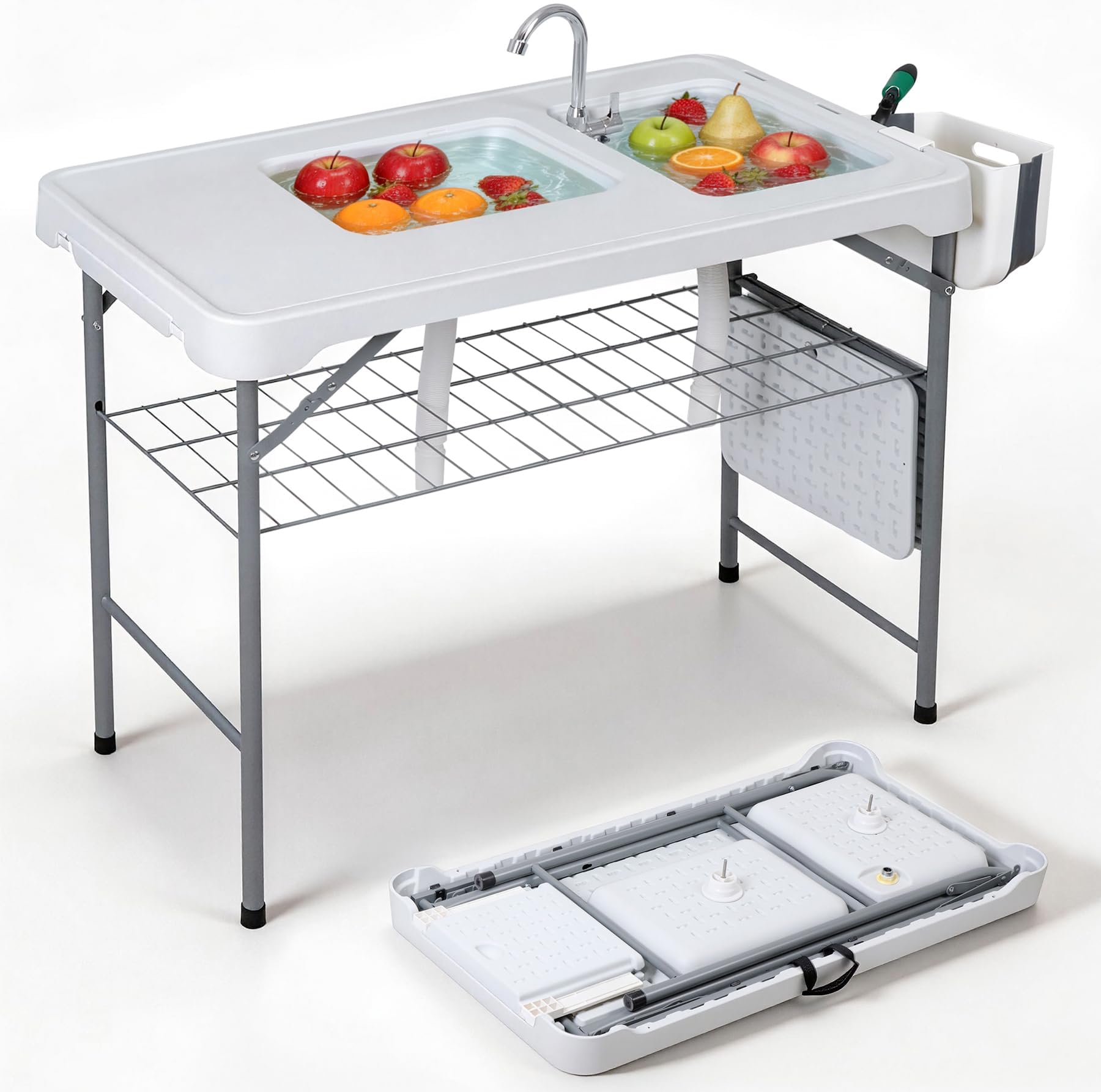 ZENY Fish Cleaning Table with Sink, 42.4" Width Portable Folding Camping Table, Outdoor Fish Cleaning Station with Grid Rack and Fish Cleaning Kit for Picnic