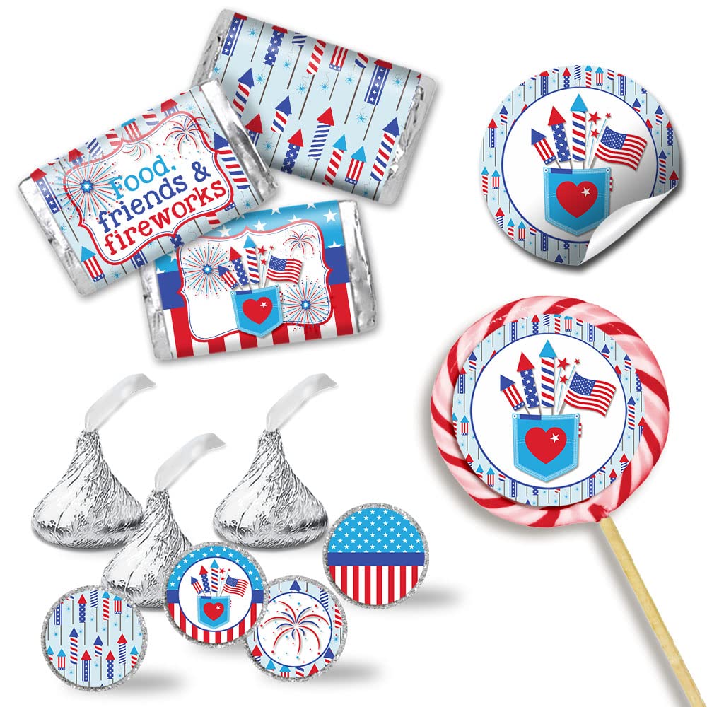 Food, Friends & Fireworks Party Sticker Bundle Kit - 429 pieces!!! Includes 60 2" Circle Stickers for Favors & Goodie Bags, 45 Mini Candy Bar Wrappers