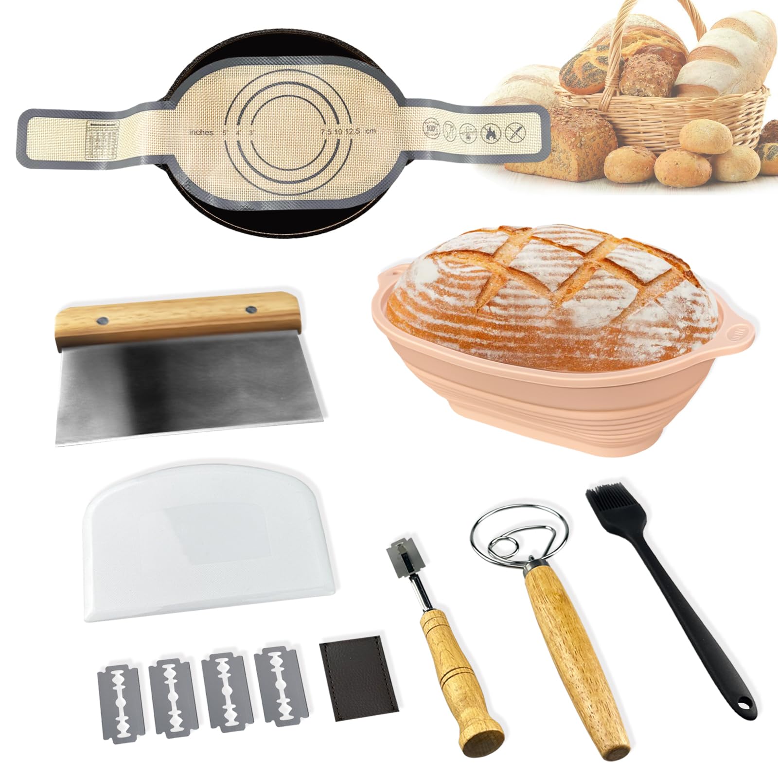 Sourdough Bread Proofing Basket & Baking Supplies, Bread Making Kit Baking Mat Including Silicone Banneton Basket, Dough Scrapers, Bread Lame, Danish Whisk and Linen Liners (medium, Oval)