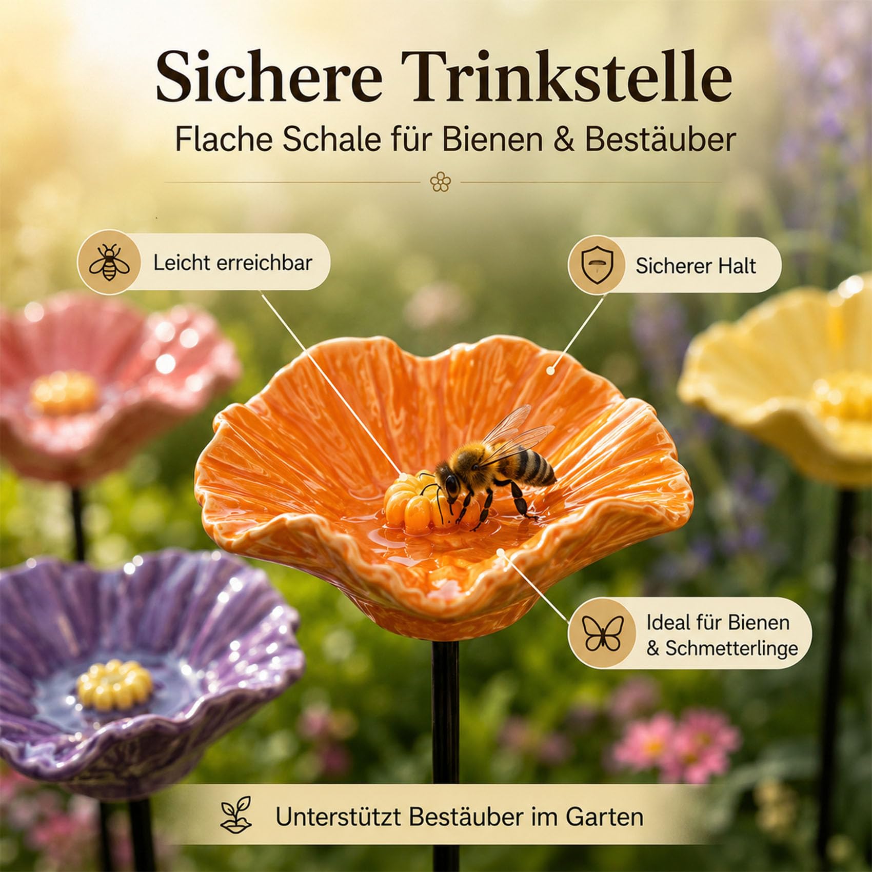 Bienentränke Keramik Blume 4/8/12 Stück, Bienenblüten Keramik als Insektentränke mit Stab, 27 cm Gartenstecker wetterfest für Garten, Balkon, Blumentopf & Deko (4 Blüten)