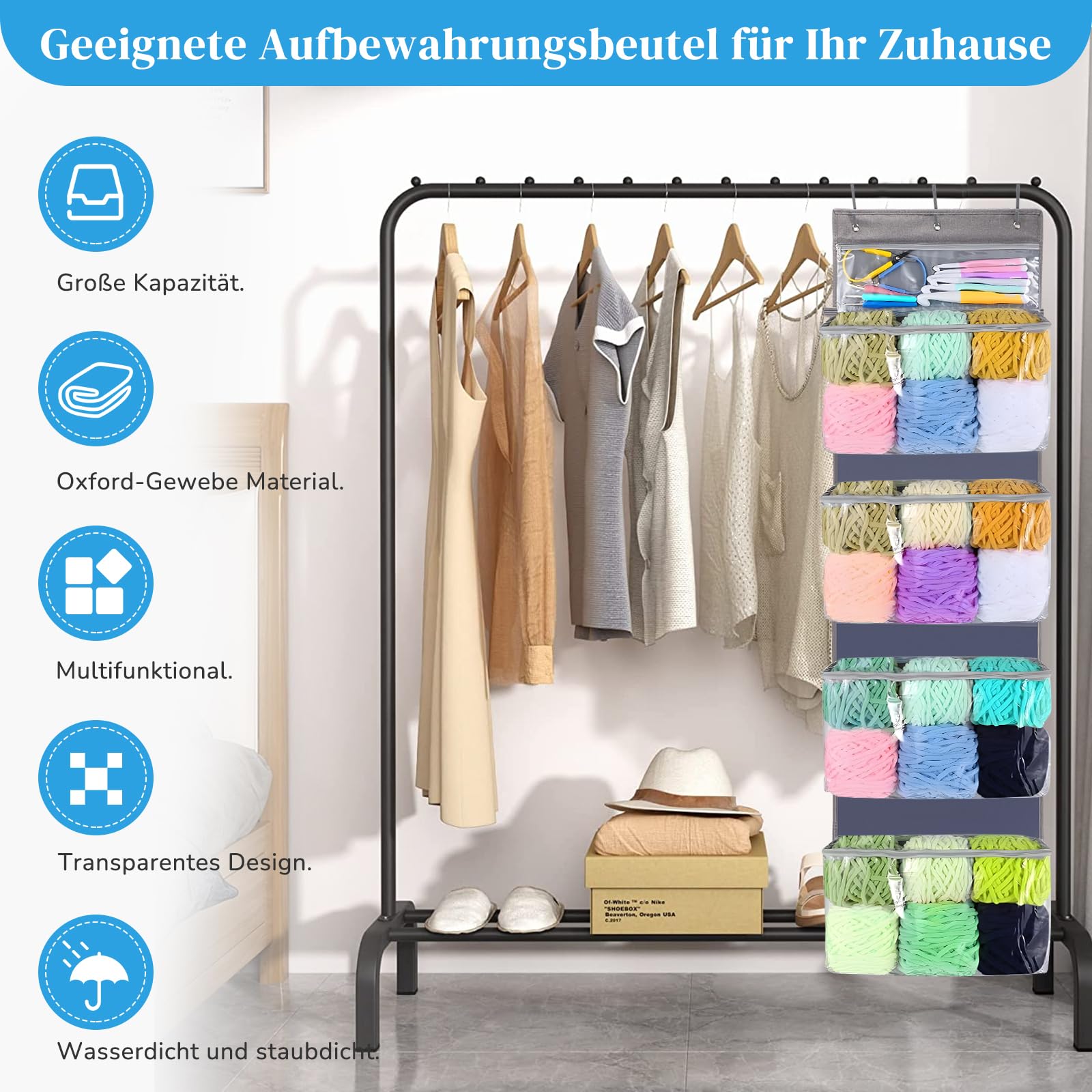 Tür hängende Wolle Aufbewahrung, Hängeorganizer Tür mit 5 durchsichtigen Kunststofftaschen & 3 großen Metallhaken für Stricknadeln,Hängender Garn-Organizer für Stricknadeln, Häkelnadeln, Nähkugeln