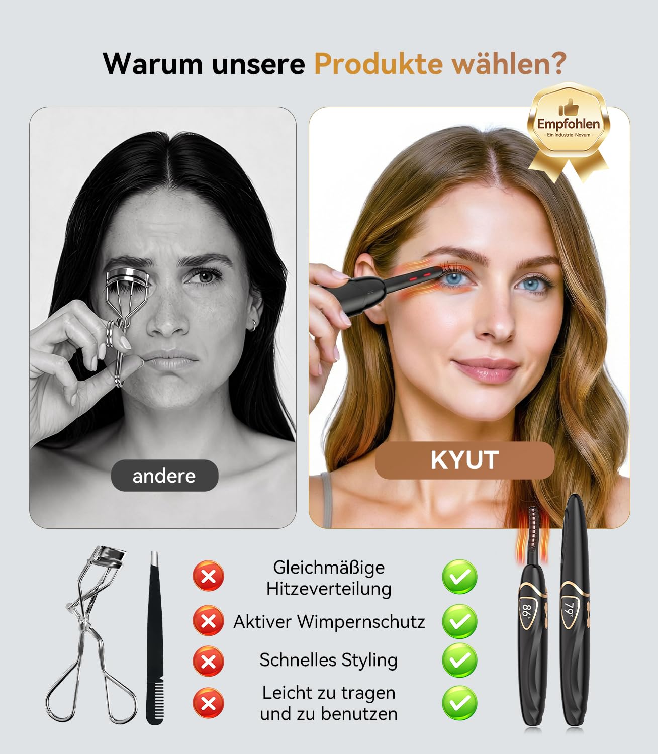 2-IN-1 Wimpernzange Beheizbar mit LCD Temperaturanzeige 60–90°C【30h Schwung Wie Frisch Gestylt】【Sofortiges Styling Ohne Hitzegefühl】Wimpern Curler für sicheres Styling zu Hause, im Büro und auf Reisen