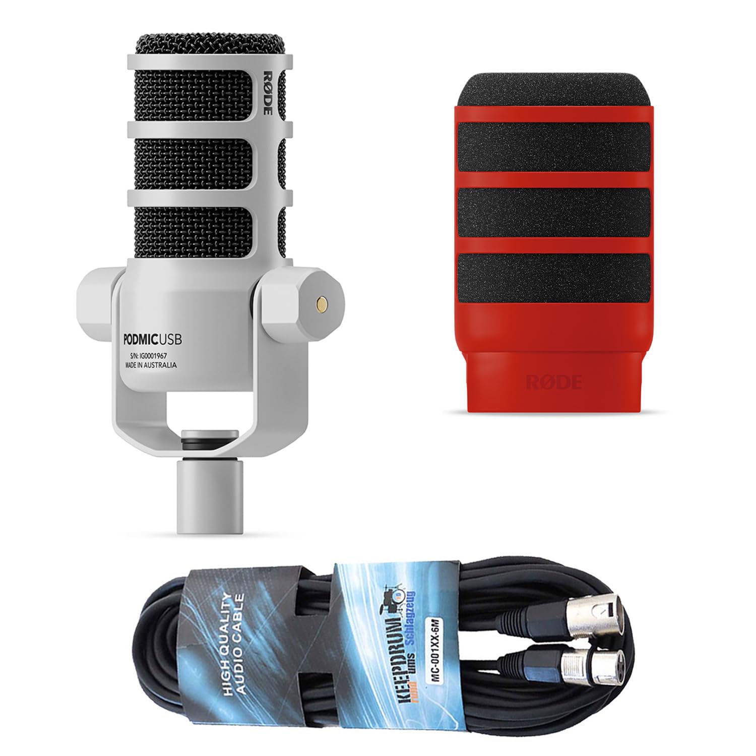 Rode Podmic USB XLR Dynamisches Sprecher-Mikrofon Weiss mit WS14R Popschutz Rot und keepdrum XLR-Kabel