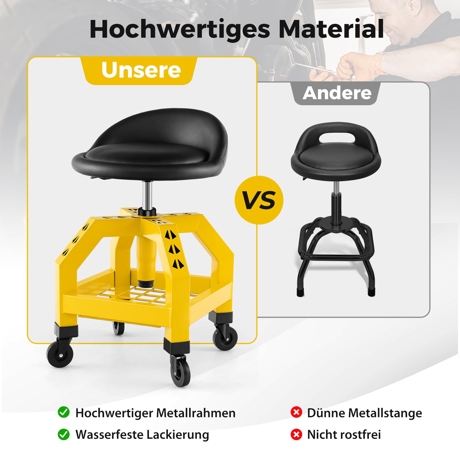 COSTWAY Werkstatthocker Höhenverstellbar, Werkstatt Rollhocker 150 kg Tragkraft mit Werkzeugablage, Werkstattstuhl Rollsitz für Fabrik, Garage, Werkstatt (Gelb)