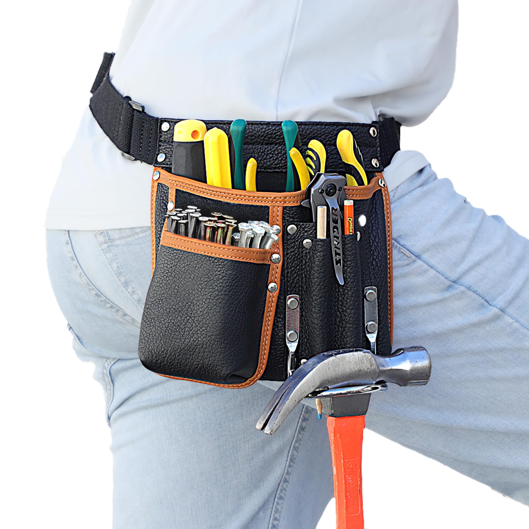Werkzeuggürtel Herren, Echtes Leder Werkzeug Gürteltasche, Mit verstellbarem Hüftgurt, Werkzeugtasche mit Hammerhalter für Tischler, Gärtner, Rahmenbauer, Dachdecker, Handwerker