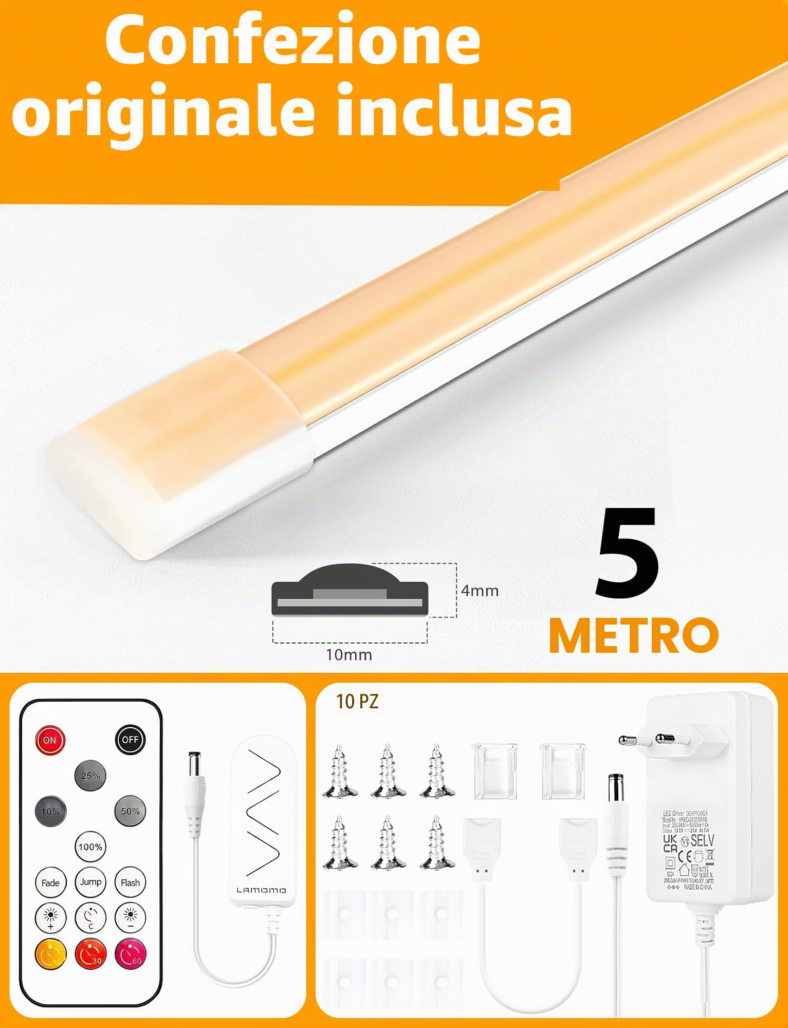 Lamomo Striscia LED COB bianco caldo, dimmerabile, 5 m, impermeabile, 3000 K, con telecomando, larghezza 10 mm, in silicone, flessibile, per camera da letto, interni, esterni, cucina, decorazione