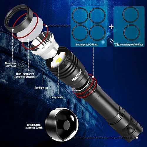Miniatura 4 de Linterna de buceo de 3000LM con luz de buceo recargable, linterna subacuática de 328 pies IPX8 impermeable 4 modos de luz de seguridad con cargador