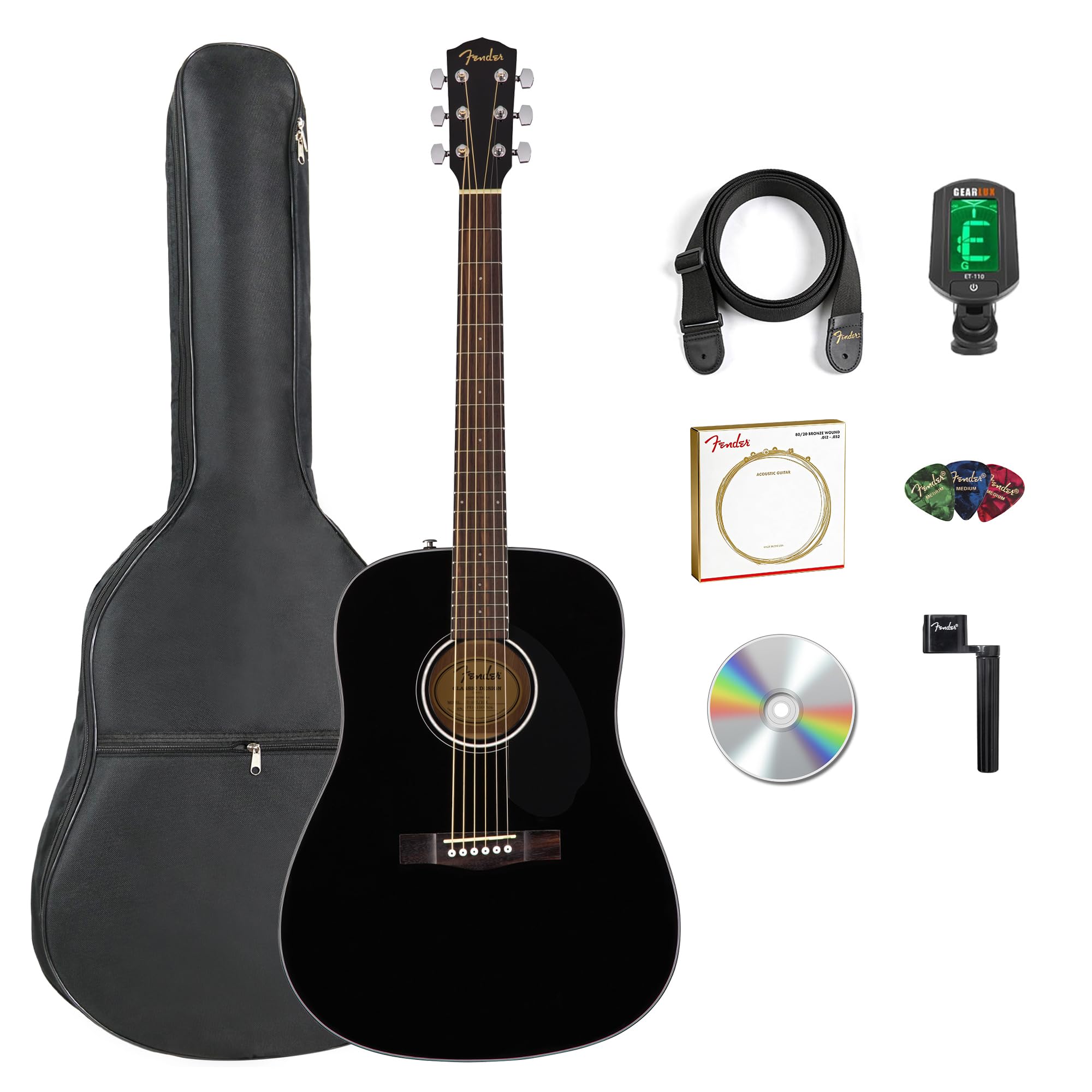 Classic Design Dreadnought Acoustic Guitar - Black Bundle with Gig Bag, Tuner, Strap, Strings, String Winder, Picks, and Austin Bazaar Instructional DVD