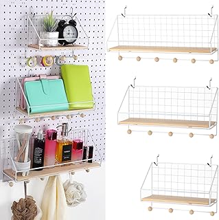 Therwen 3 Pegboard Shelf Set, Pegboard Shelves with Wooden Bead Hooks Metal Brackets, Display Pegboard Bracket Wall Organizer, Storage Tray Pegboard Organizer for Office Garage Workbench (White)