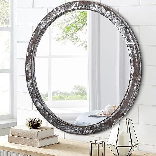 Miniatura 1 de JJUUYOU Espejo redondo de pared para baño, espejo circular negro colgante para baño, marco de madera montado en la pared para sala de estar,