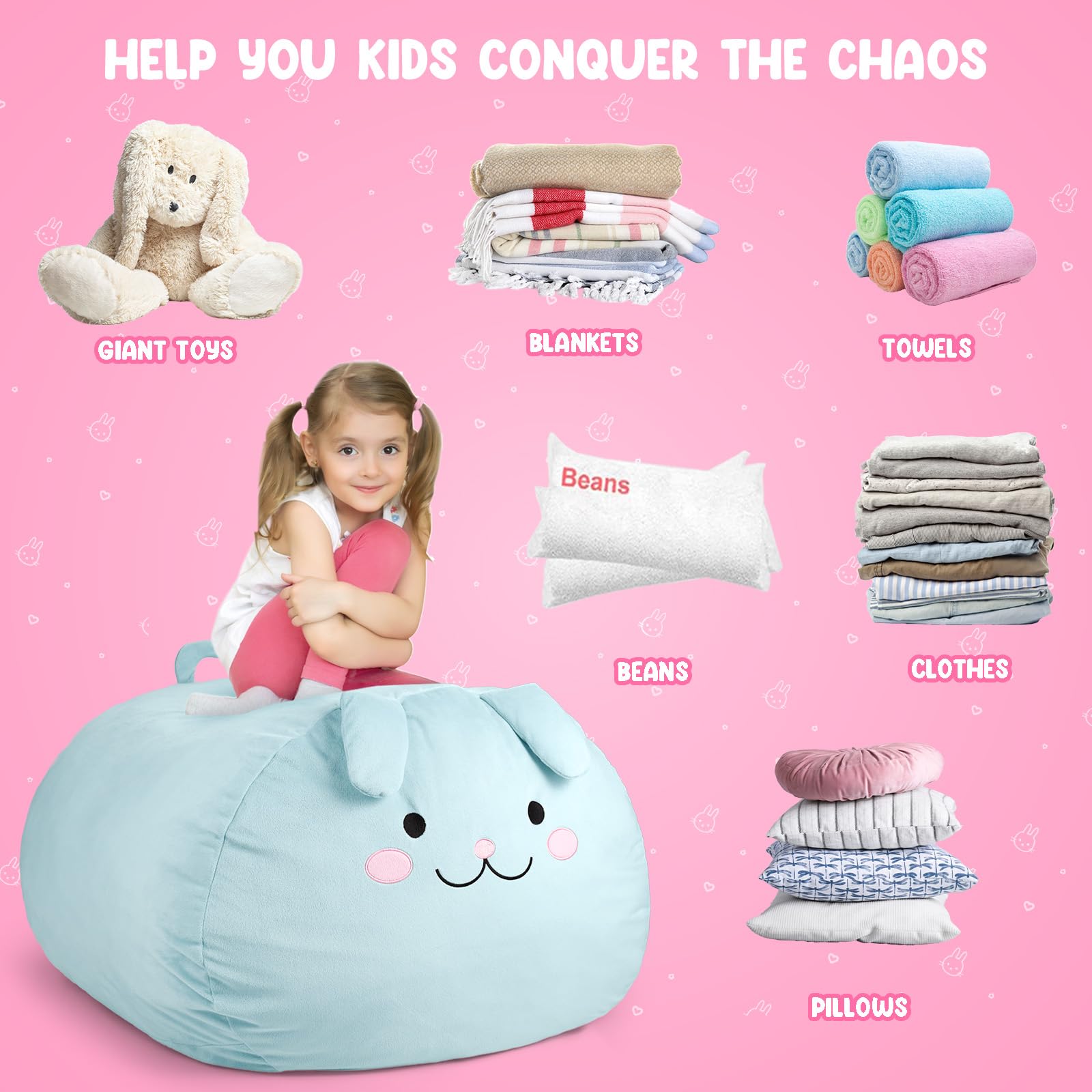 GAGAKU Pouf Peluche Coniglio 200L-XXL,Borsa Portaoggetti per Giocattoli Peluche Cameretta dei Bambini,Sacco Porta Peluche Grande Coniglio con Chiusura Lampo per Organizzare–Blu