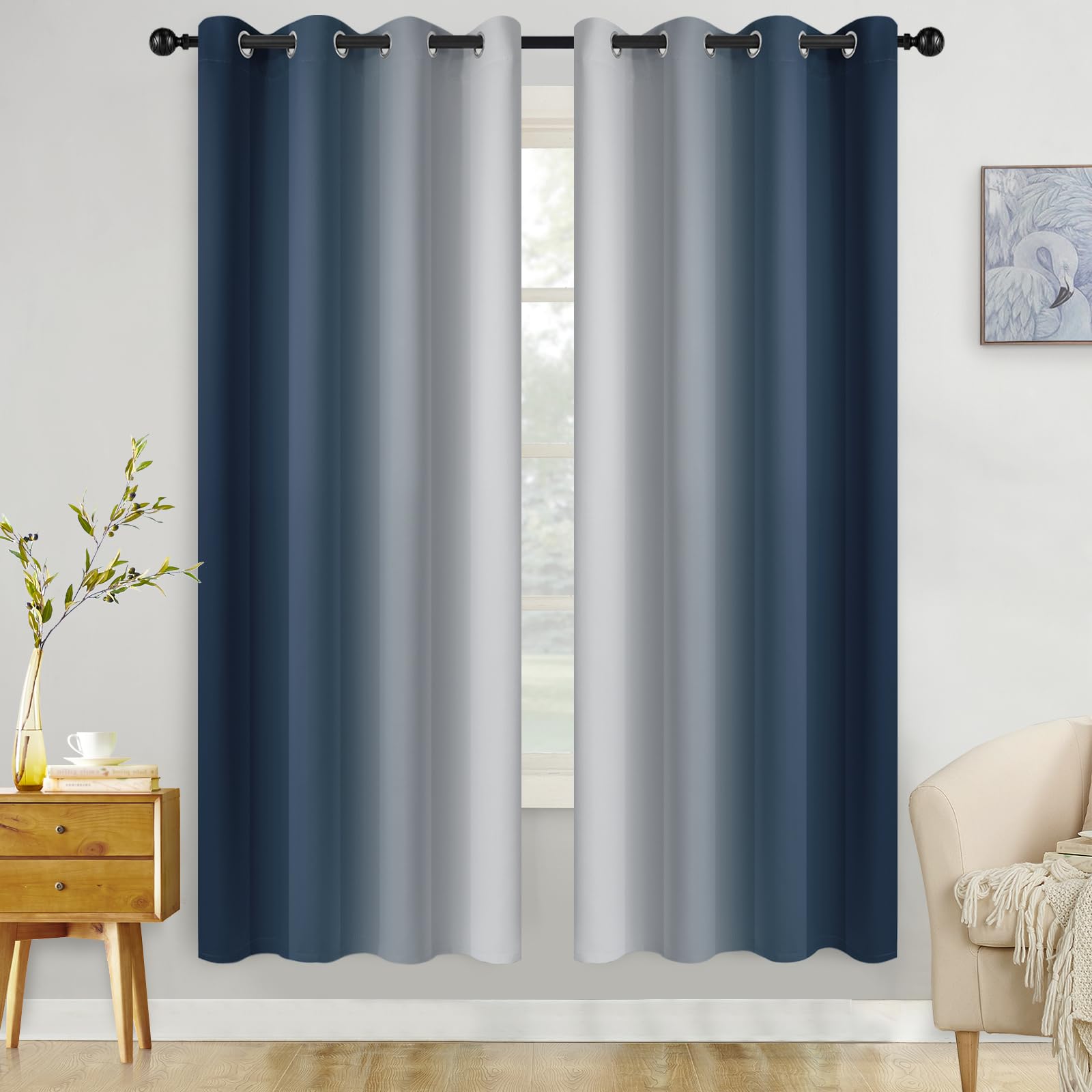 COSVIYA Curtains & Drapes Ombre Navy Blue Curtains 72 inch Length 2 Panels, Grommet Room Darkening Light Blocking Insulated Thermal Gradient Window