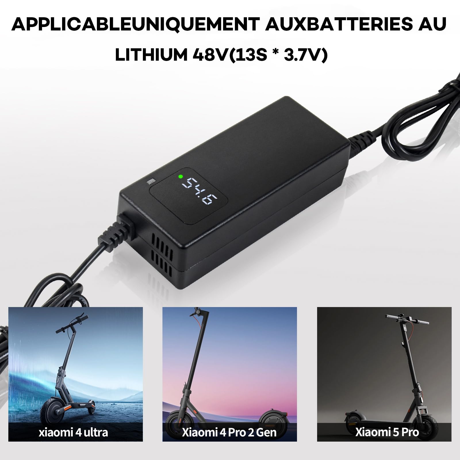 Chargeur 54,6V 2A avec Affichage Numérique de Tension, Adaptateur Secteur Premium Compatible avec Trottinette Électrique Xiaomi 4 Ultra / 4 Pro 2nd Gen / 5/5 Pro,