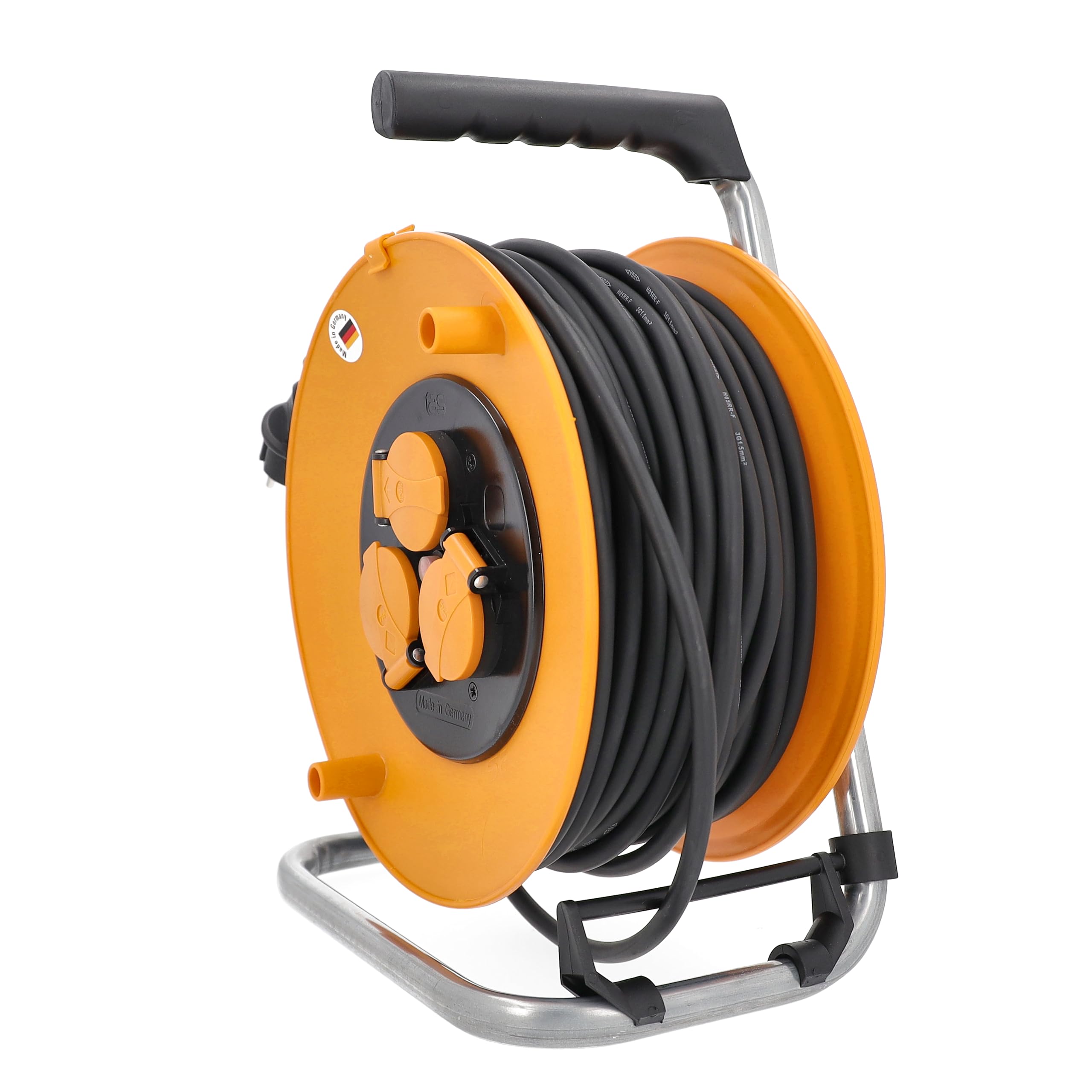 as - Schwabe Wąż kablowy 50 m, kabel przedłużający, 3 gniazda wpuszczane 230 V/16 A z pokrywą zatrzaskową i wtyczką ochronną, nawijarka kablowa, IP44, pomarańczowy, wyprodukowano w Niemczech, 11483