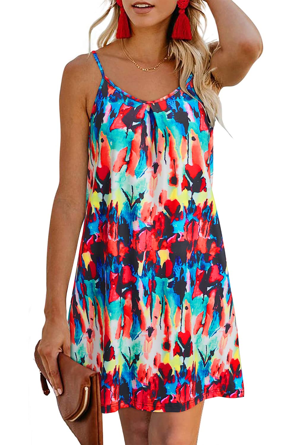 ULTRANICEWomen's Summer Dress Spaghetti Straps Sundress Beach Cover Ups Casual V Neck Floral Mini Dress