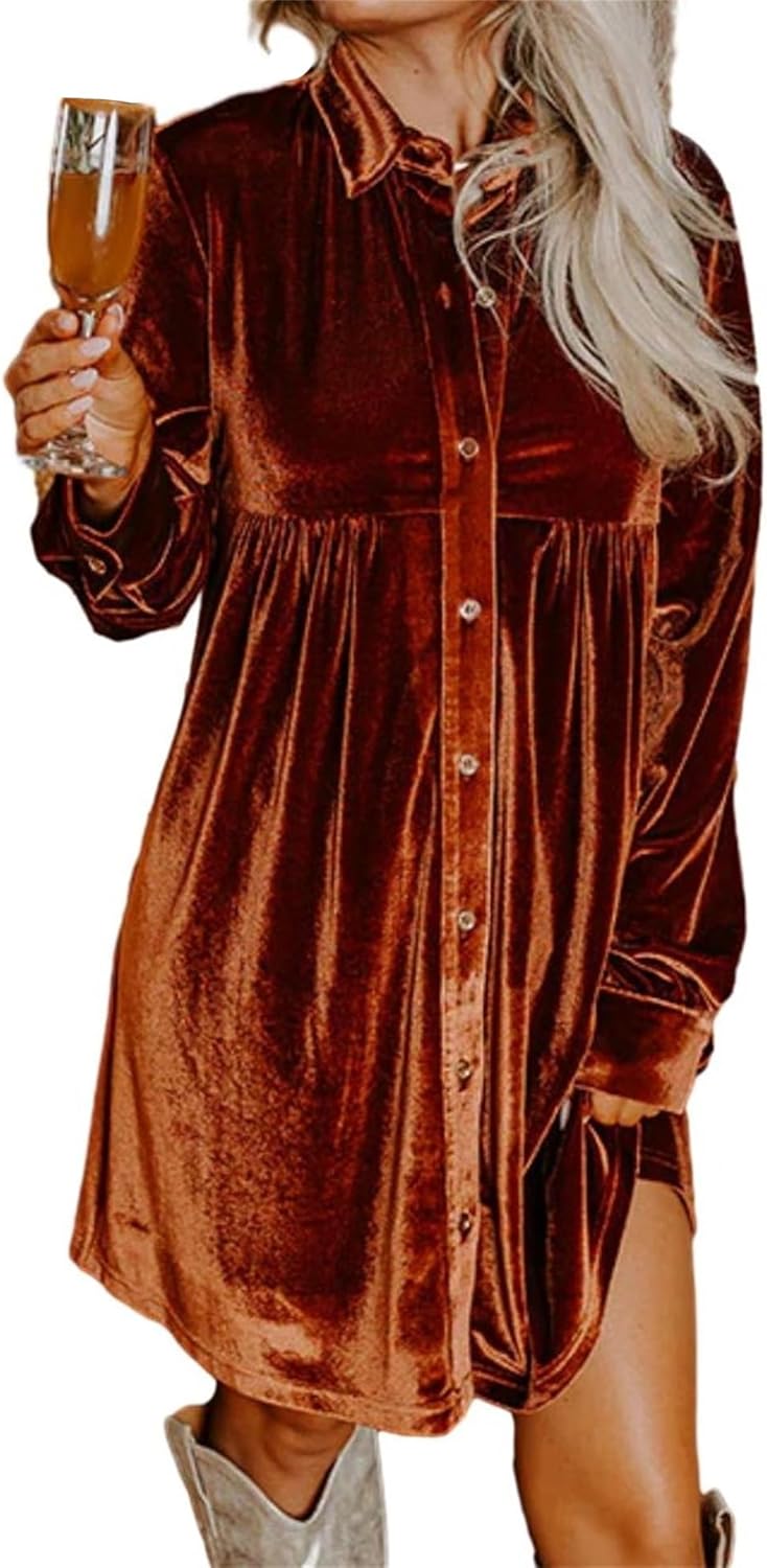 Melliflo Womens Velvet Dress Button Down T Shirt 3/4 Sleeve Tunic Tops Casual Lapel Babydoll Mini Dress - Image 2