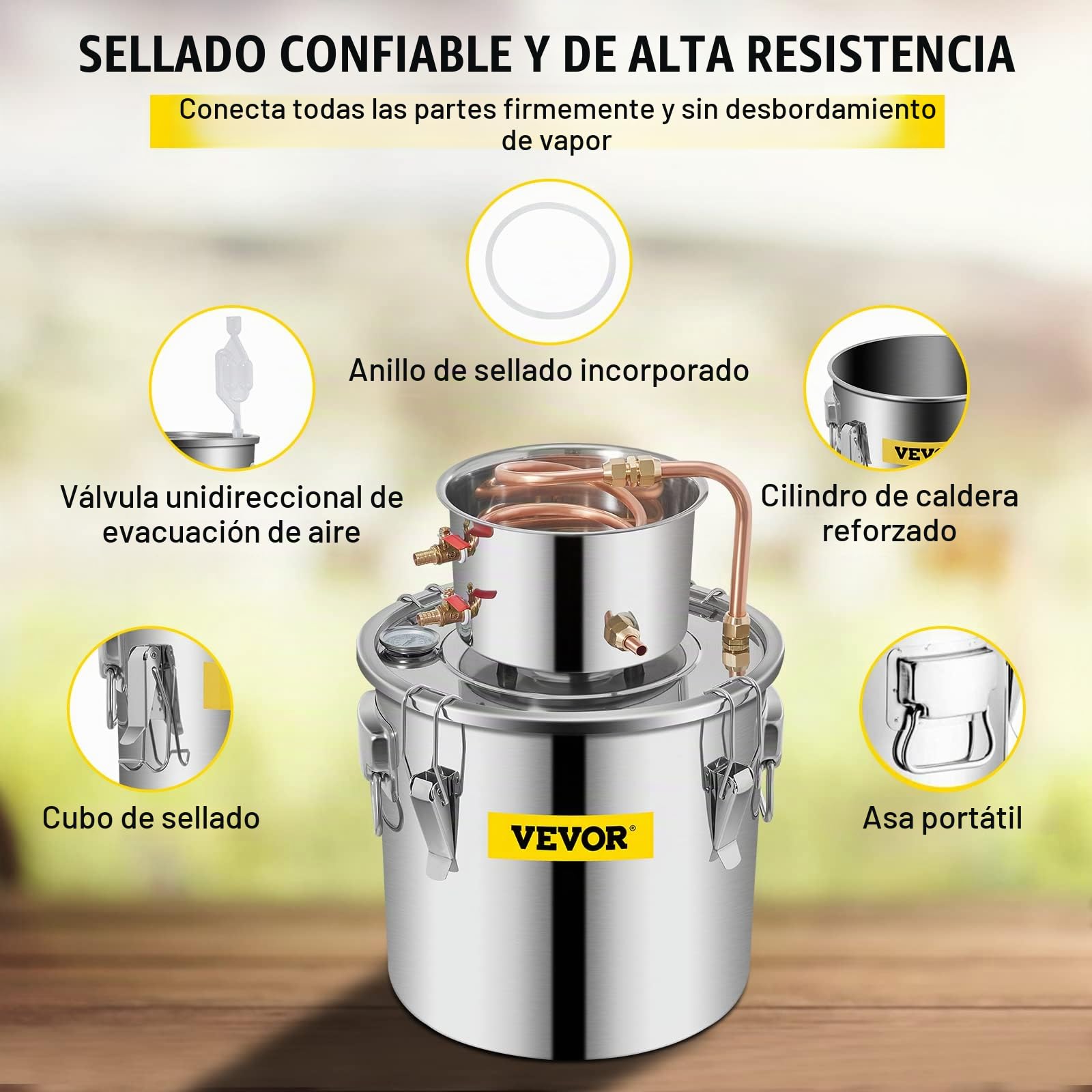 VEVOR Destilador de Alcohol de Agua 11,4 L Kit de Destilación con Bomba de Circulación, Tubo de Cobre para Alambique de Alcohol con Termómetro Incorporado para Whisky, Alcohol DIY, Acero Inoxidable