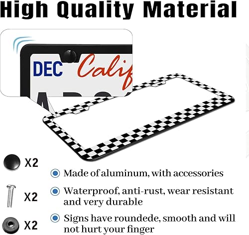 Miniatura 2 de Marco de matrícula de cuadro ajedrezado en blanco y negro, soporte de matrícula con bandera de carrera a cuadros para accesorios de automóvil,