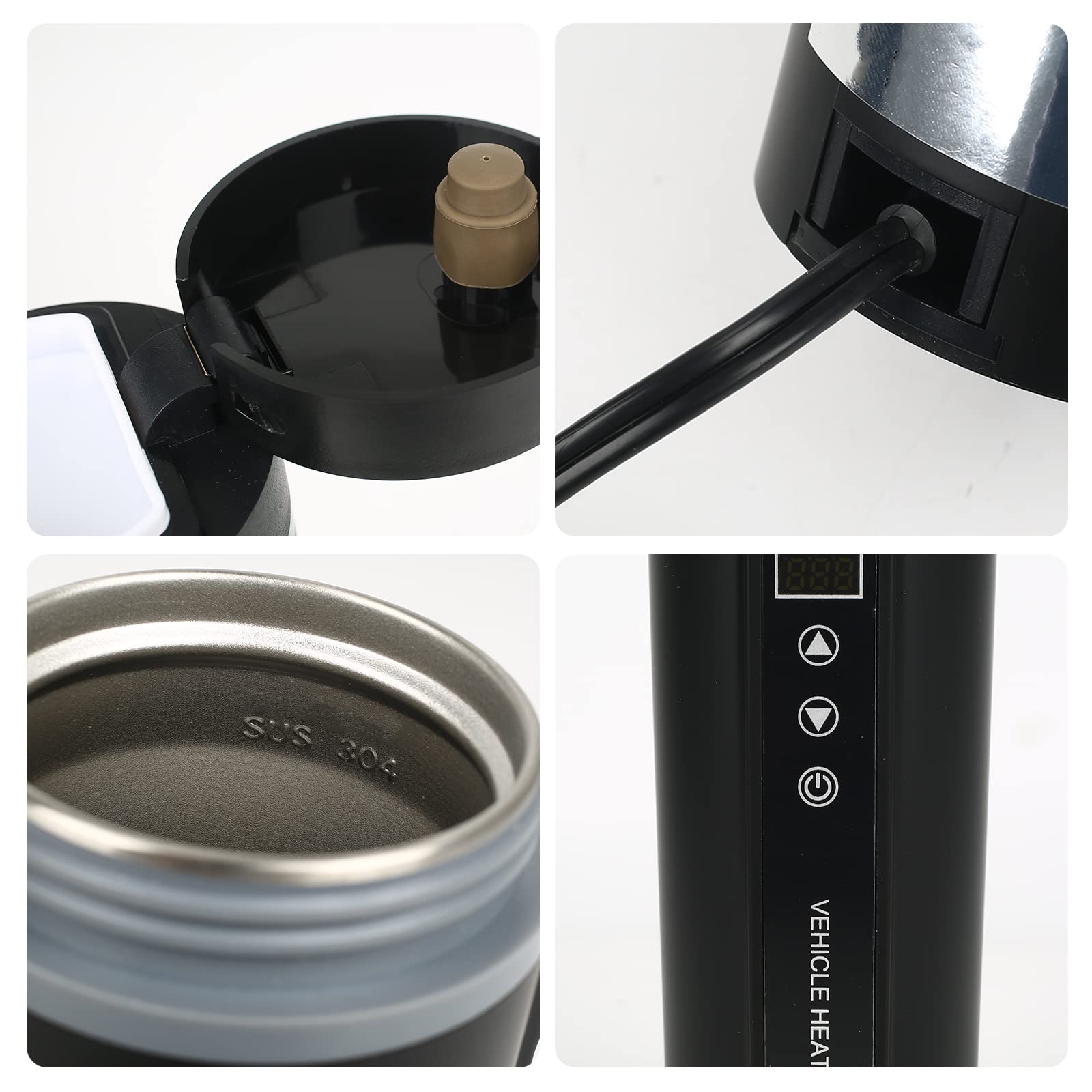 12 V butelka na napoje samochodowe, 400 ml, kubek grzewczy z zabezpieczeniem przed przelewem i podszewką ze stali nierdzewnej, inteligentne zabezpieczenie termiczne, czajnik elektryczny z regulacją temperatury 20-90°C, kawa/herbata/mleko