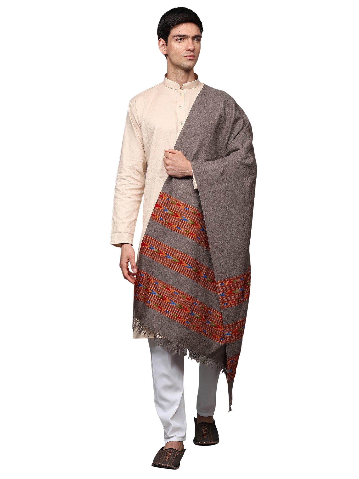 exotic india Men's Wool Kullu Stole with Woven Triple Kinnauri Border | Ethnic Soft & Warm Comfortable Wool Kullu Shawl for Men and Women-picture-31