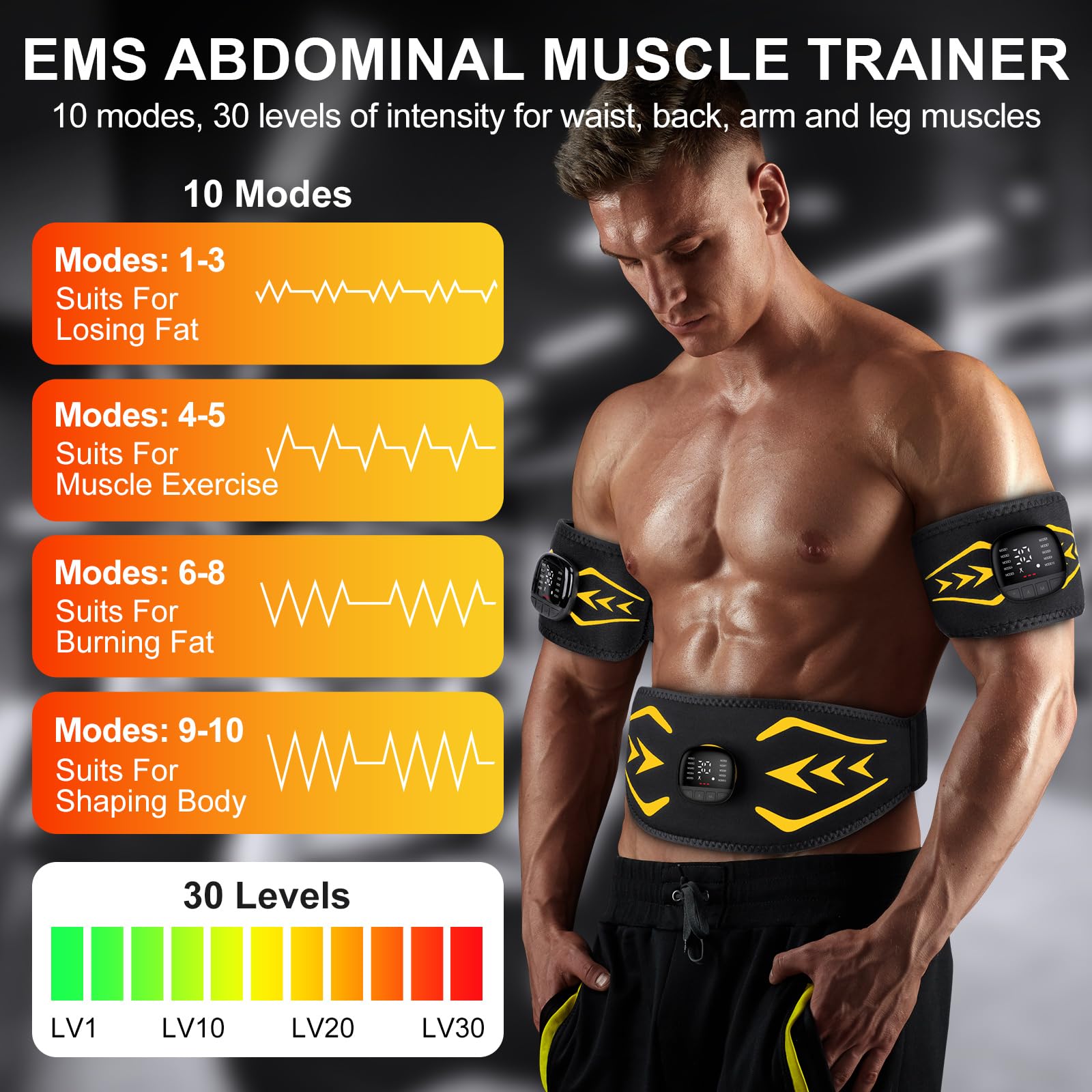 EMS Bauchmuskeltrainer,Bauchmuskeltrainer Elektrisch mit 10 Modi und 30 Intensitäten,USB-Wiederaufladbarer Tragbarer EMS Trainingsgerät, mit Nzeige des Kalorienverbrauchs,für Bauch,Arm,Bein