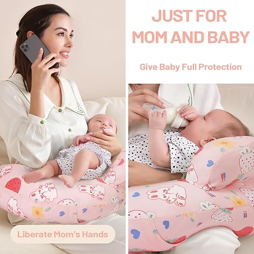 Miniatura 4 de Almohada de lactancia para lactancia materna, funda de algodón extraíble con patrones de animales, lavable a máquina, patrón de fresa (rosa caramelo)