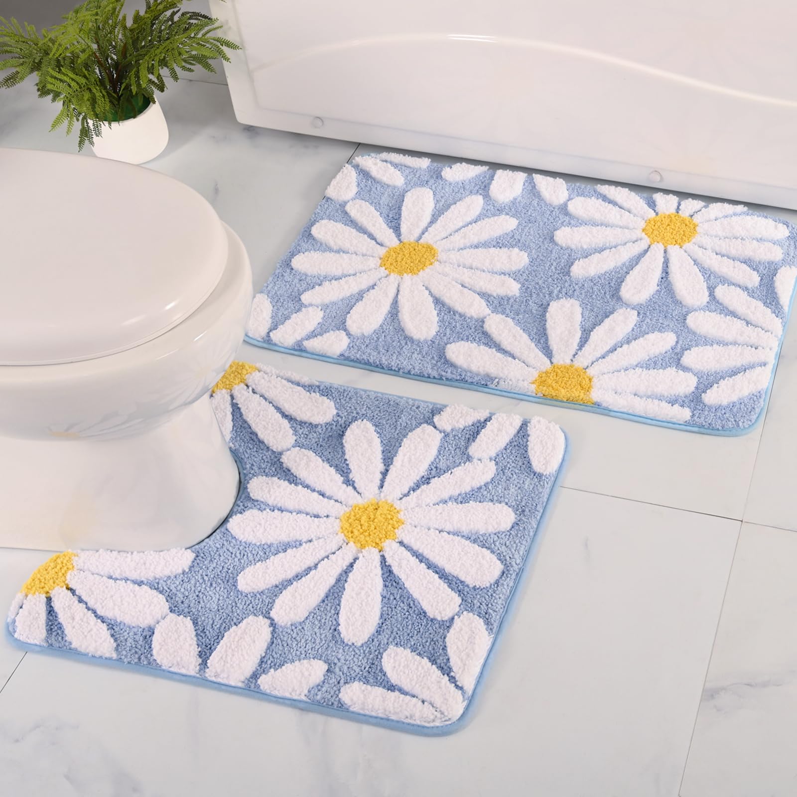 QJHOMO Bathroom Rug Set 2 Piece, Cute Daisy Bath Mat Blue Toilet Rug U Shaped, Flower Deocr Bathroom Set Non Slip Contour Bathmat, Super Absorbent Microfber Floor Mats Machine Washable Carpets