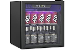 Mini Refrigerator, 1.6 Cubic Feet - Compact Beverage Cooler with Glass Door for 60-Can Capacity