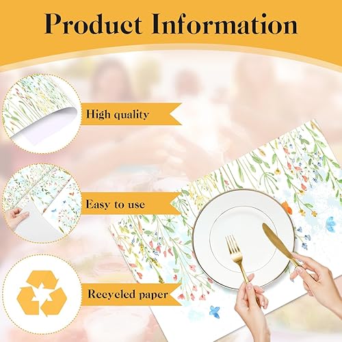 Miniatura 10 de Bayson Paquete de 50 manteles individuales de papel de primavera desechables, flores silvestres y mariposas, manteles individuales de primavera y