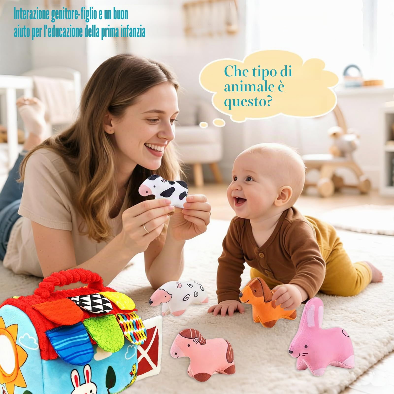 Giocattoli per Bambini 6-12 Mesi, Sorpresa Fienile in Peluche Set di Animali Della Fattoria, Montessori Giocattolo per Bambini, con Campanello, Specchio, Regali di Natale e Compleanno per il Bambino