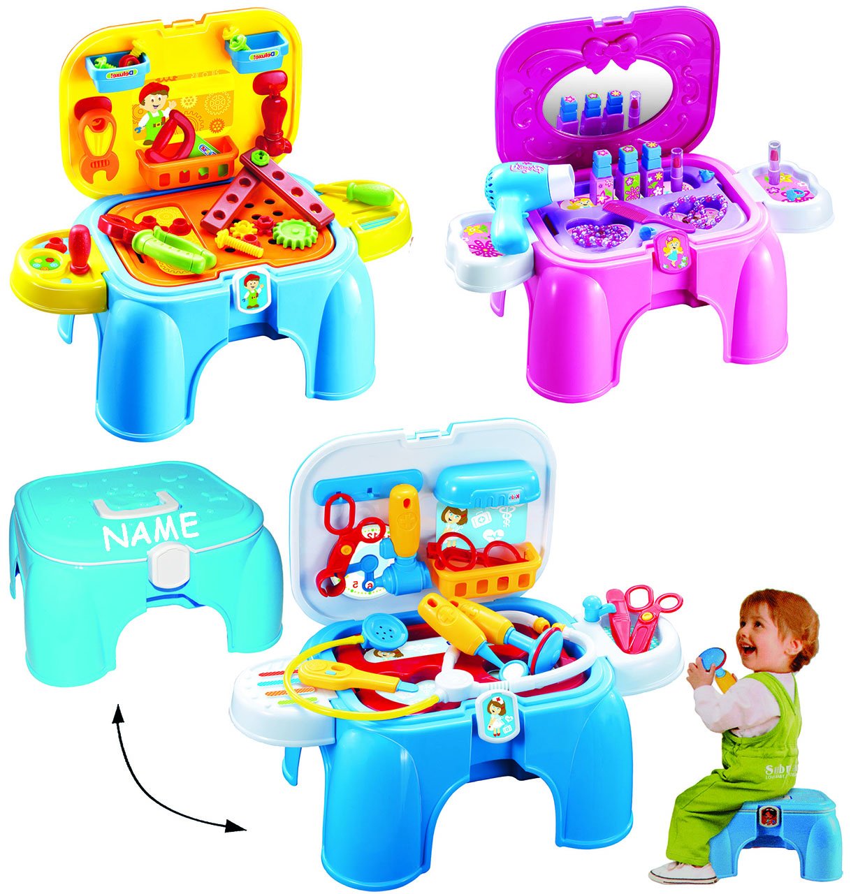 alles-meine.de GmbH 3 TLG. XXL Set Doktorkoffer/Werkzeugbank/Schminkkoffer - mit Zubehör - incl. Name - aufklappbarer Koffer/Trittschemel/Kindersitz - Doktorset - S..