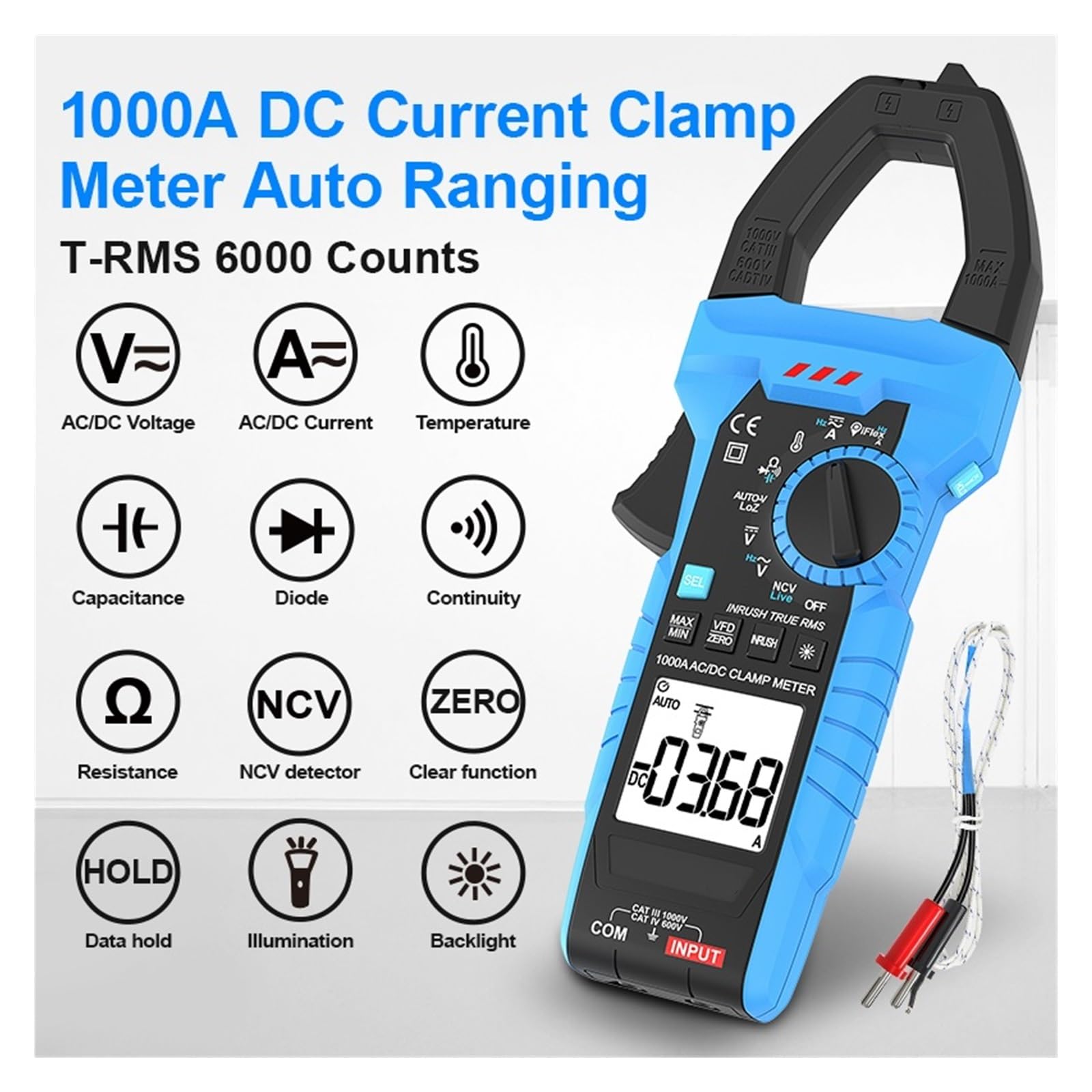 Pinzas Amperimétricas, Amperímetro, Multímetro Automático, 1000A, CA, CC, Prueba De Corriente, Pinza Amperimétrica Digital Lectura Rápida Precisa Sencilla(1000A DC AC)