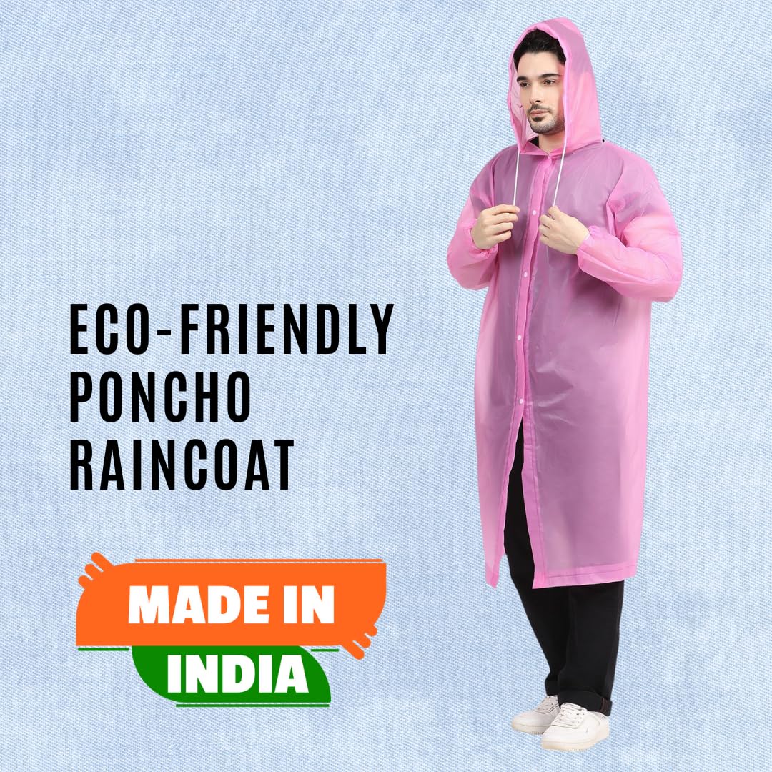 Citizen Eco-Friendly EVA Poncho Raincoat for Men & Women, Lightweight Waterproof Coat with Hood, Adjustable Drawstring, Button Closure Reusable & Durable Outdoor Rainwear-Pack of 3 Random Colors - Image 4 thumbnail