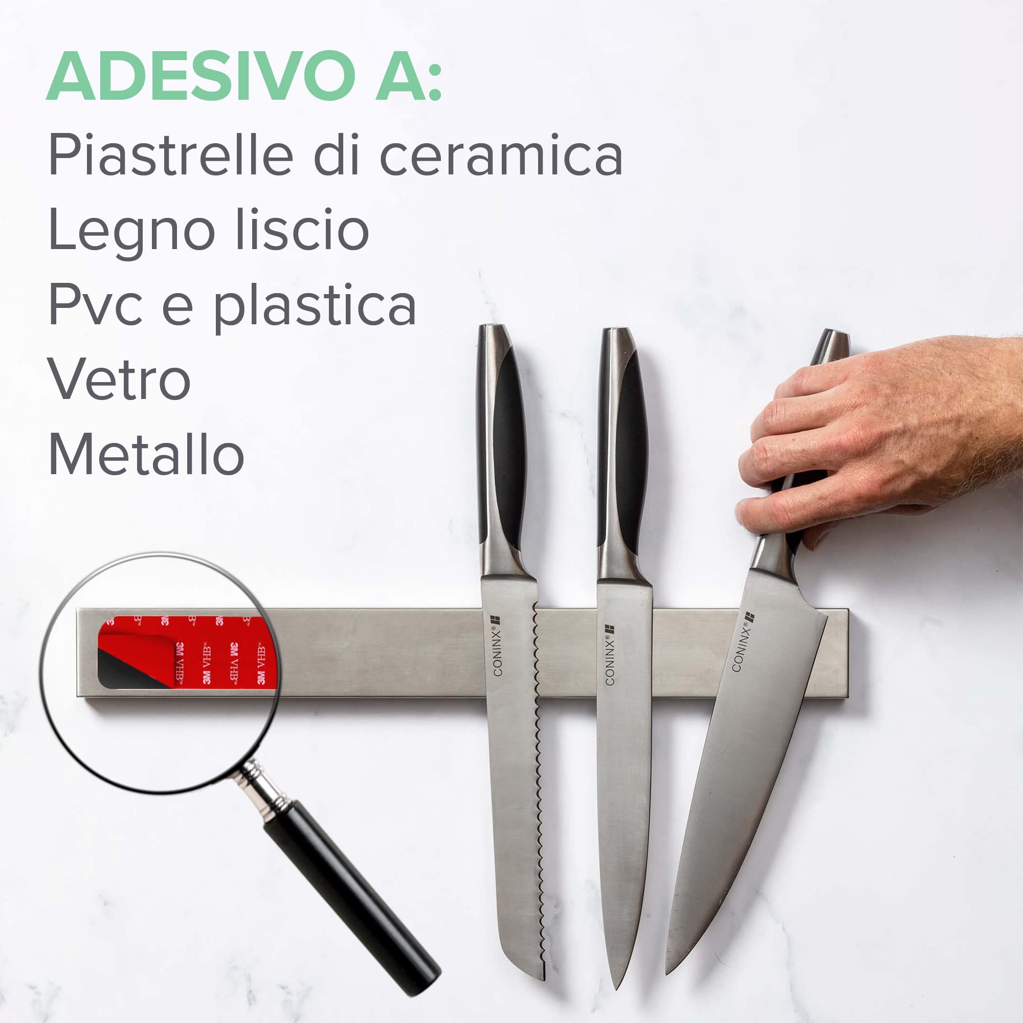 Coninx Barra Magnetica per Coltelli 40cm | Porta Coltelli Cucina in Acciaio Inox | Portacoltelli Magnetico Extra Forte | Viti e Adesiva 3M incluse | Ceppo Coltelli vuoto | Sopporto per Coltelli
