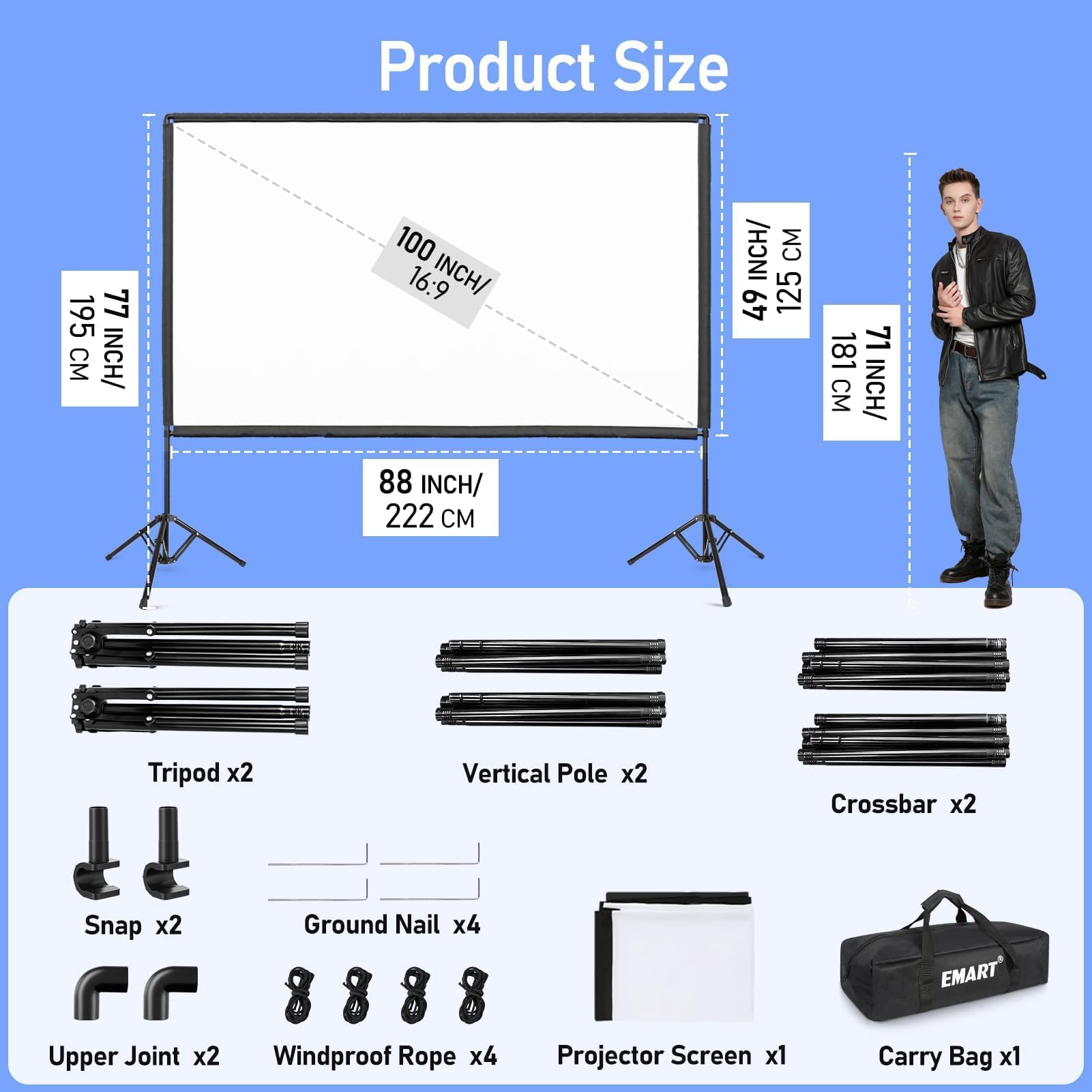 EMART Ekran projekcyjny z obsługą 100 cali, ekran projektora | Przenośny 16:9 4K, przód i tył HD, płótno projekcyjne stojące, kino domowe, biuro