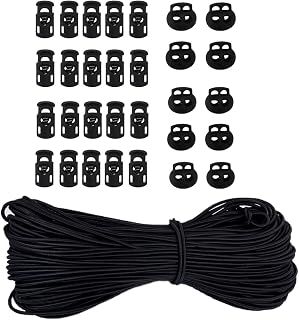 30pcs Plastic Cord Locks with 1/8-Inch 50ft Elastic Cord Heavy Stretch Round String, 10Pcs Sing-Hole, 10pcs Double-Hole Spring Toggle Stopper Slider (3mm-Black)