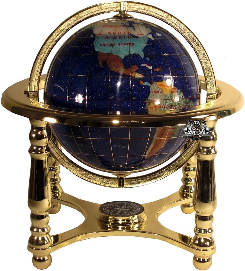 Unique Art 10-Inch Tall Table Top Blue Crystallite Ocean Gemstone World Globe with Gold Four Leg Stand