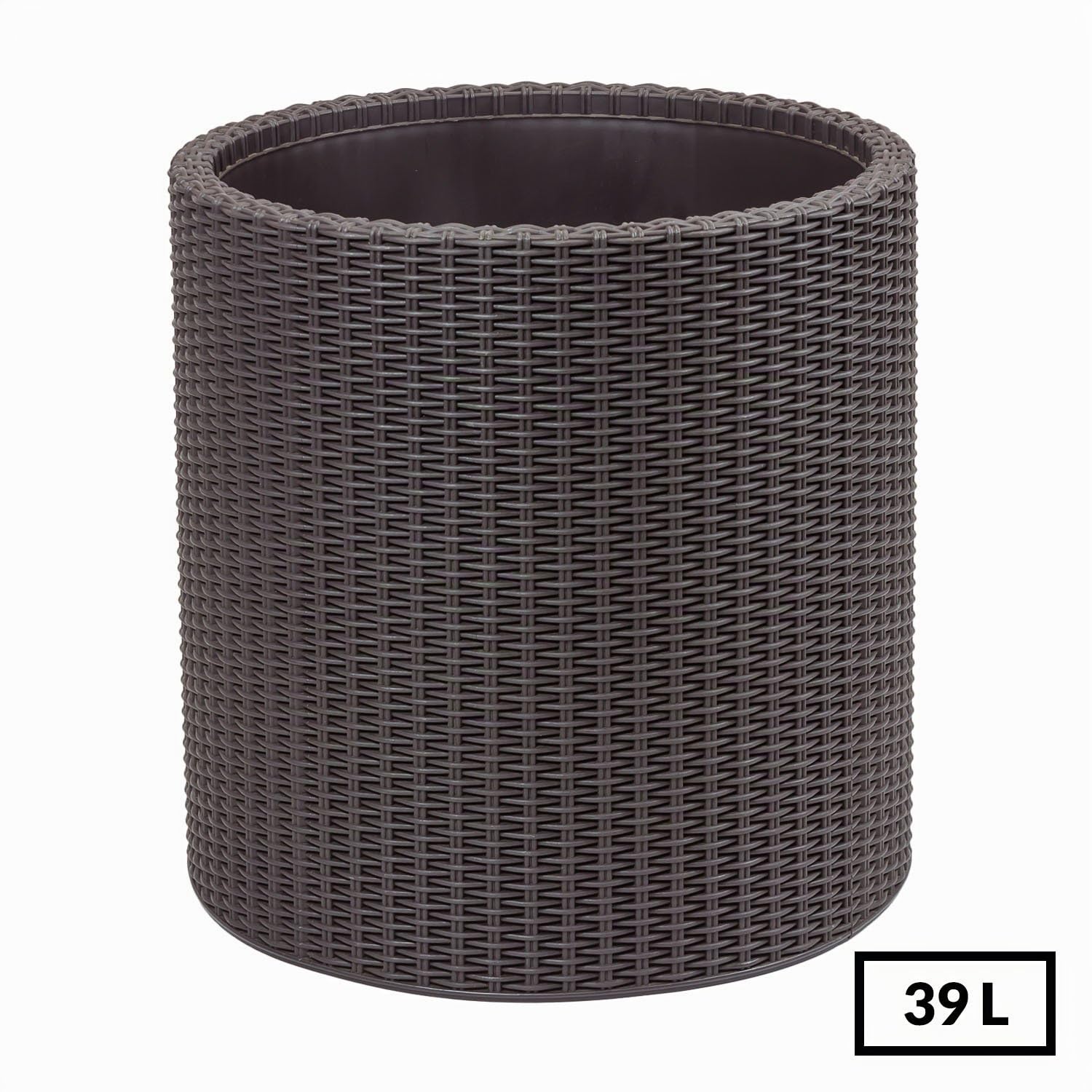 Keter- Maceta Grande ratán, Base Redonda; 100% Material Reciclado; 44 x 44 x 44 cm ; Capacidad 39 L; Color Marrón Chocolate