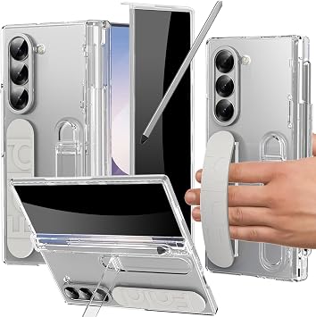 Samsung Galaxy Z Fold 6 Case with S Pen Holder & Stylus, Finger Strap, Privacy Screen Protector, Kickstand, Hinge Cover, Wristband Case for Z Fold 6, Clear