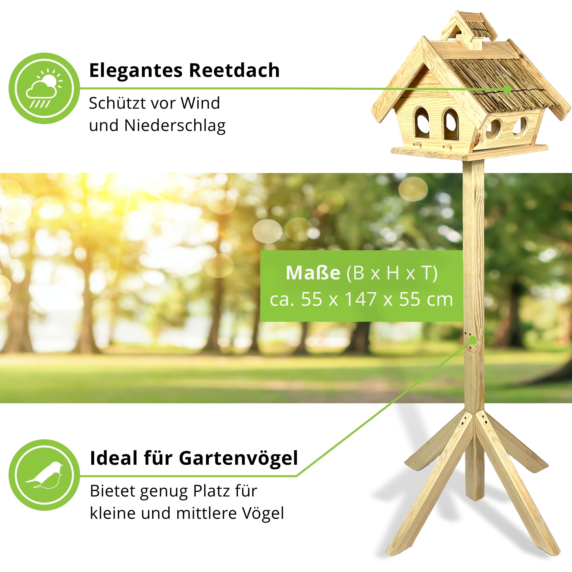 GARTENETAGE Vogelhaus Holz mit Reetdach und 2in1 Ständer/Vogelhaus mit Ständer wetterfest und stabil/Vogelfutterhaus mit Ständer/Robustes Vogelhäuschen für Balkon und Garten