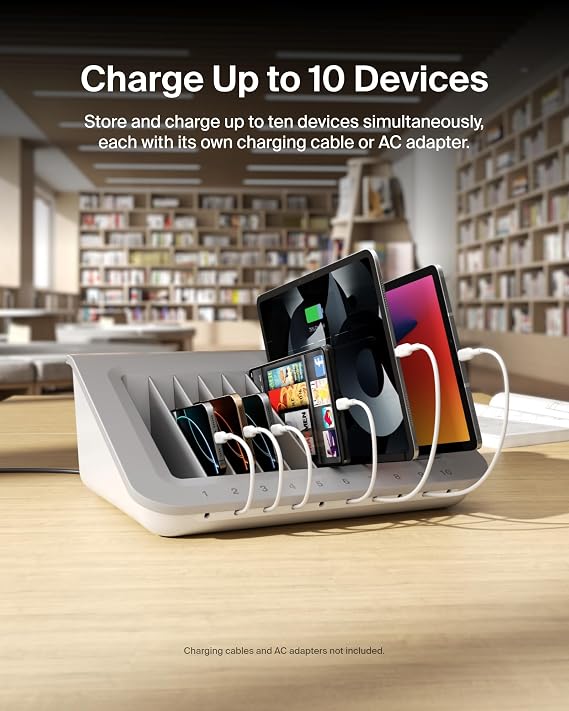 Belkin 10-Device Charging Station with Surge Protector | USB charging dock for tablets, laptops, and Chromebooks, cable management, classrooms, offices, tech labs