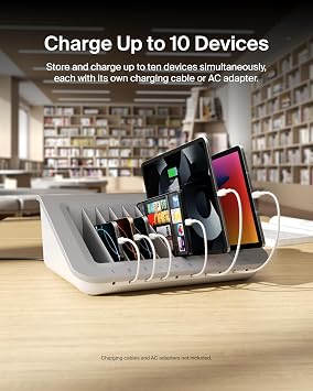 Belkin 10-Device Charging Station with Surge Protector | USB charging dock for tablets, laptops, and Chromebooks, cable management, classrooms, offices, tech labs