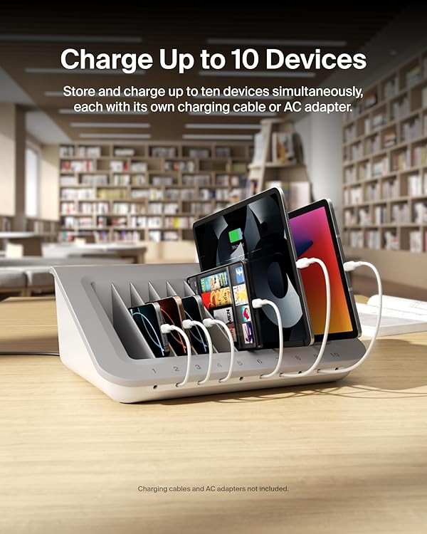 Belkin Charging Station For Laptops with Surge Protector - 10 Device USB Charging Dock for Tablets, Laptops, Chromebooks – Cable Management for Classrooms, Offices, Tech Labs, Shared Spaces, & More by Belkin - Image 2