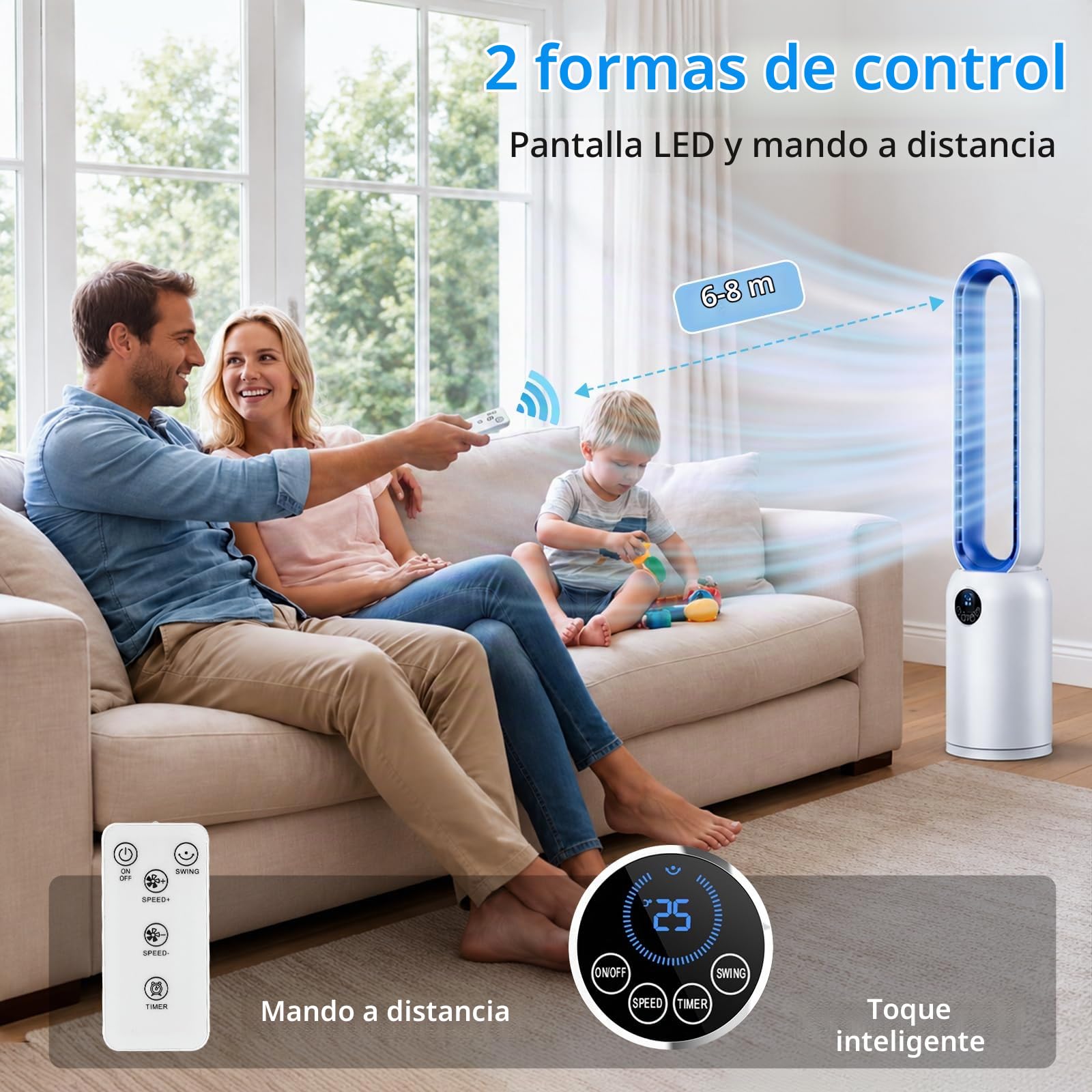 Ventilador de Torre sin Aspas, Ventilador Silencioso de 24 Velocità con purificador de aire HEPA, Timer 12 Ore, Oscillante a 90°, Display a LED y Control Remoto, Portátil, para Dormitorio