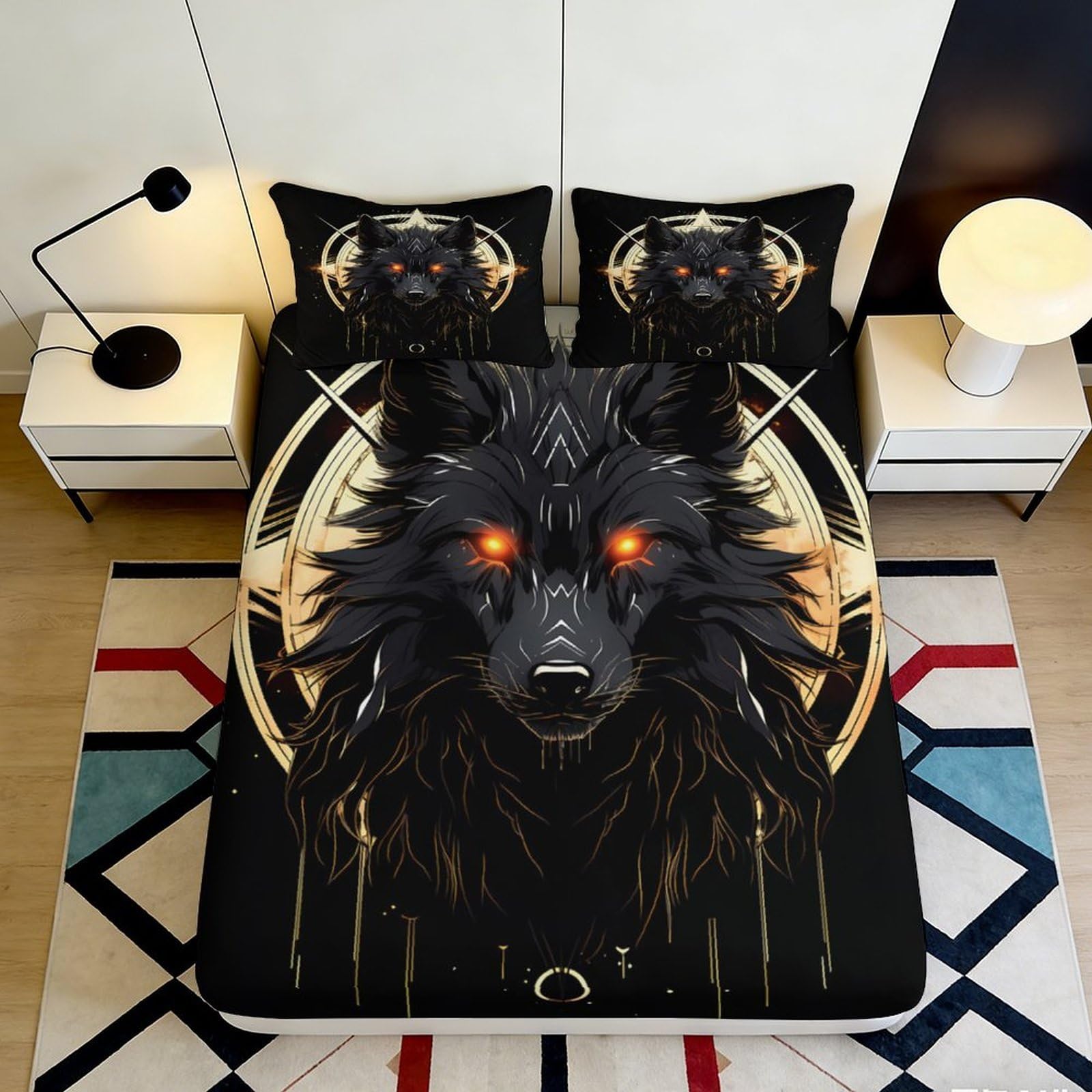 3D Printed Black Wolf Fitted Sheet Microfiber Non Slip Bed Cover for Bedroom Dorm Artistic Decor Easy Care 90x200x25cm