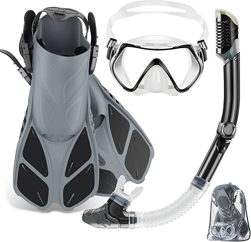 ZEEPORTE Mask Fin Snorkel Set, Travel Size Snorkeling Gear for Adults with Panoramic View Anti-Fog Mask, Trek Fins, Dry Top Snorkel and Gear Bag for