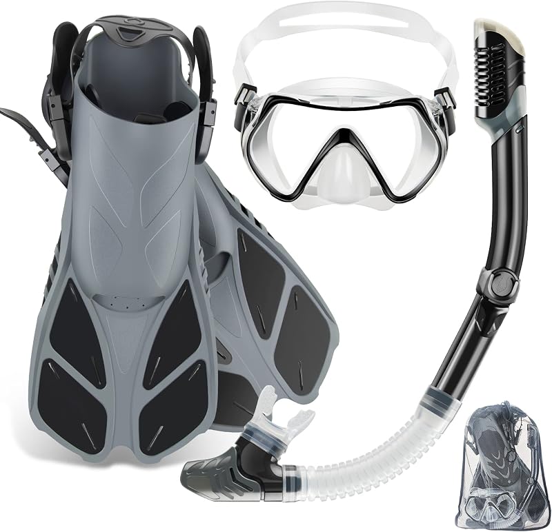 ZEEPORTE Juego de snorkel con aletas y máscara, equipo de snorkel de tamaño de viaje para adultos con máscara antivaho de vista panorámica, aletas de trekking, snorkel con parte superior seca y bolsa de equipo para entrenamiento de natación, kit de snorkel paquetes de buceo