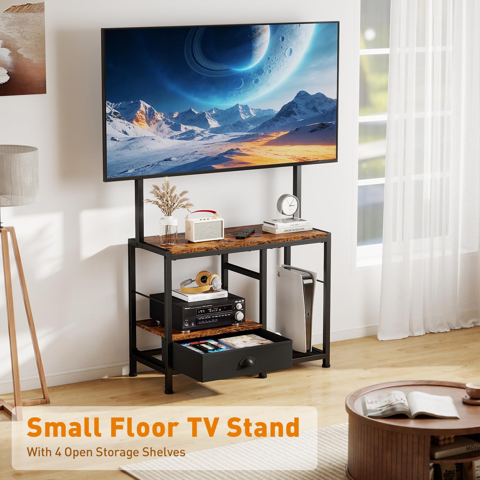 ikkle TV-Ständer für 32- bis 55-Zoll-Bildschirme, Verstellbarer Fernsehständer mit Halterung, TV-Konsolentisch mit Ablagefach und Schublade, Kleiner TV-Ständer für Schlafzimmer und Wohnzimmer, Braun