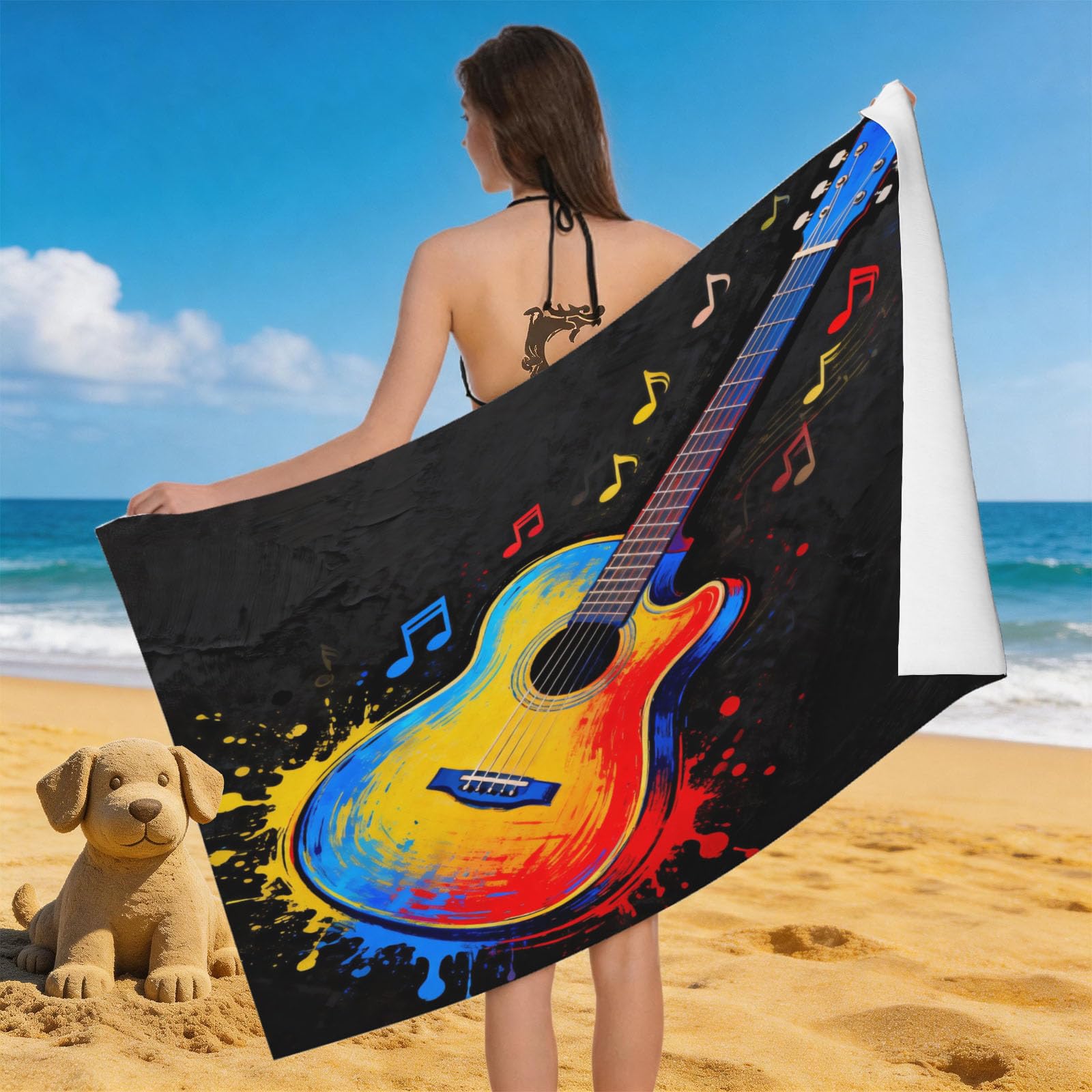 Leichong 3D Guitar Printed Beach Towel Large Microfiber Soft Quick Dry for Adults, Music Bath Towel Lightweight Soft Absorbent for Travel Swimming Pool Sports, 180 x 90 cm